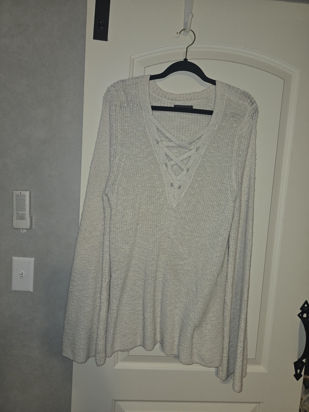 American Eagle Women’s Lace-Up V-Neck SweaterTop - Light Gray